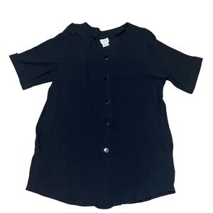 Vermont Country Store Women's L Black Lagenlook Crinkle Tunic Button Up Pockets